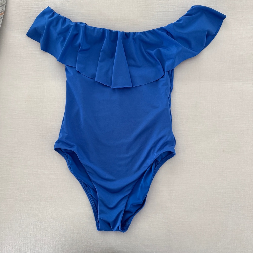 Trina Turk Kids Off-Shoulder Ruffle Swimsuit in Ocean Blue